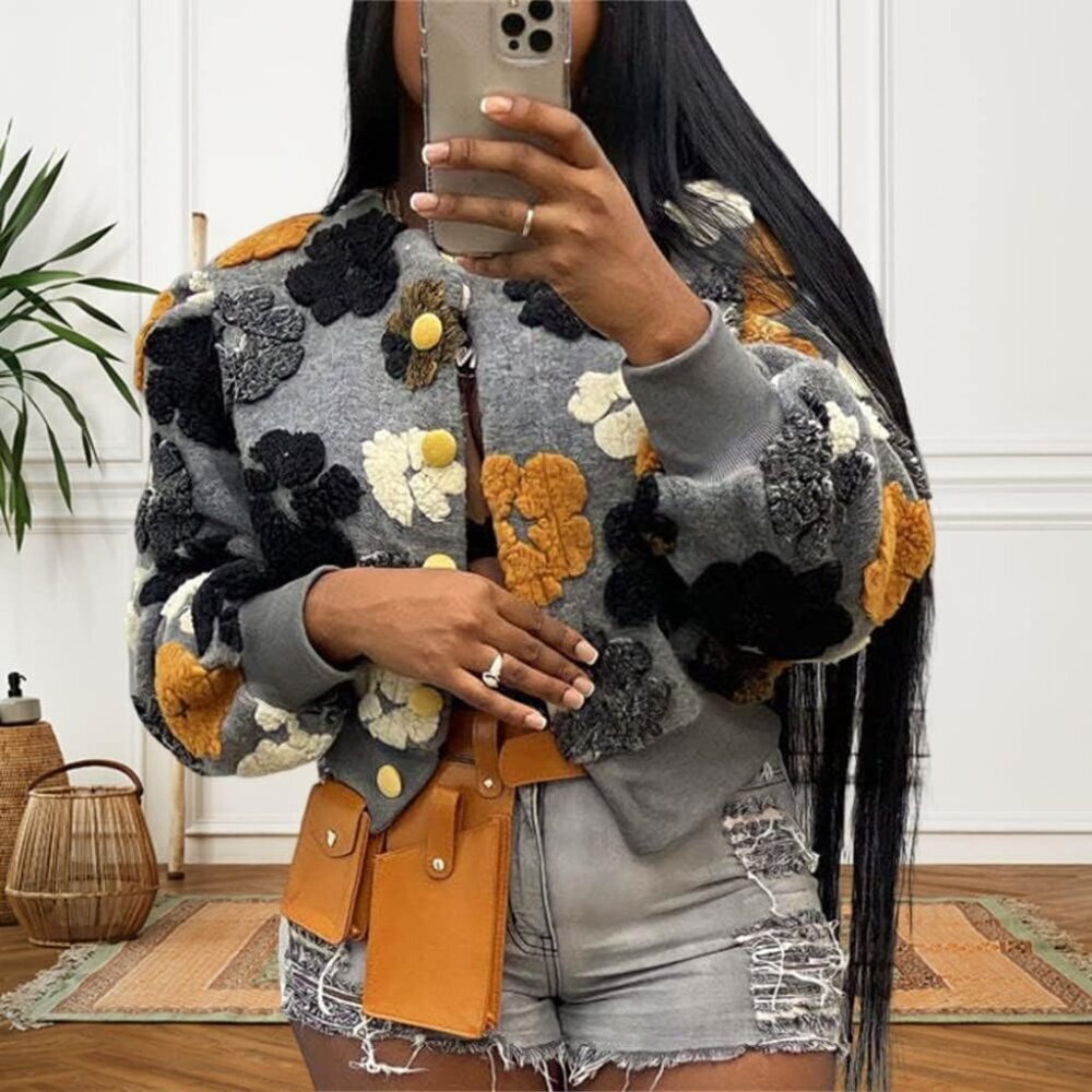 Women's Cropped Floral Print Fleece Bomber Jacket Casual Winter Outerwear - Picture 4 of 7